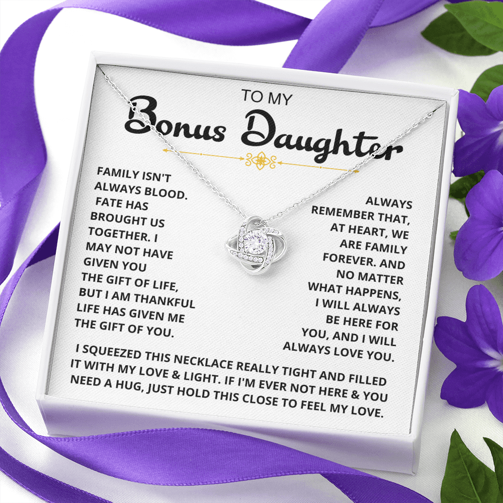 To My Bonus Daughter - "My Family Forever" Love Knot Necklace Gift Set - CFG06