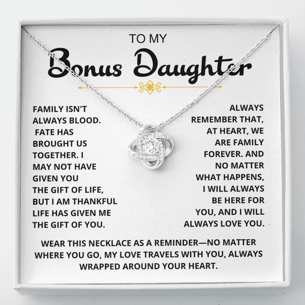 To My Bonus Daughter - "My Family Forever" Love Knot Necklace Gift Set - CFG07