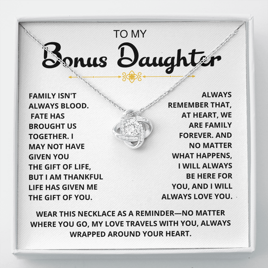 To My Bonus Daughter - "My Family Forever" Love Knot Necklace Gift Set - CFG07