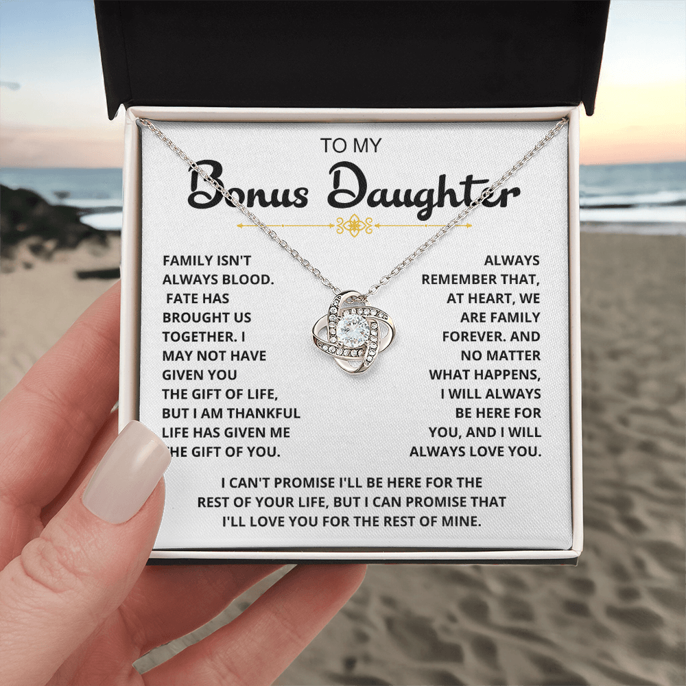 To My Bonus Daughter - "My Family Forever" Love Knot Necklace Gift Set - CFG06