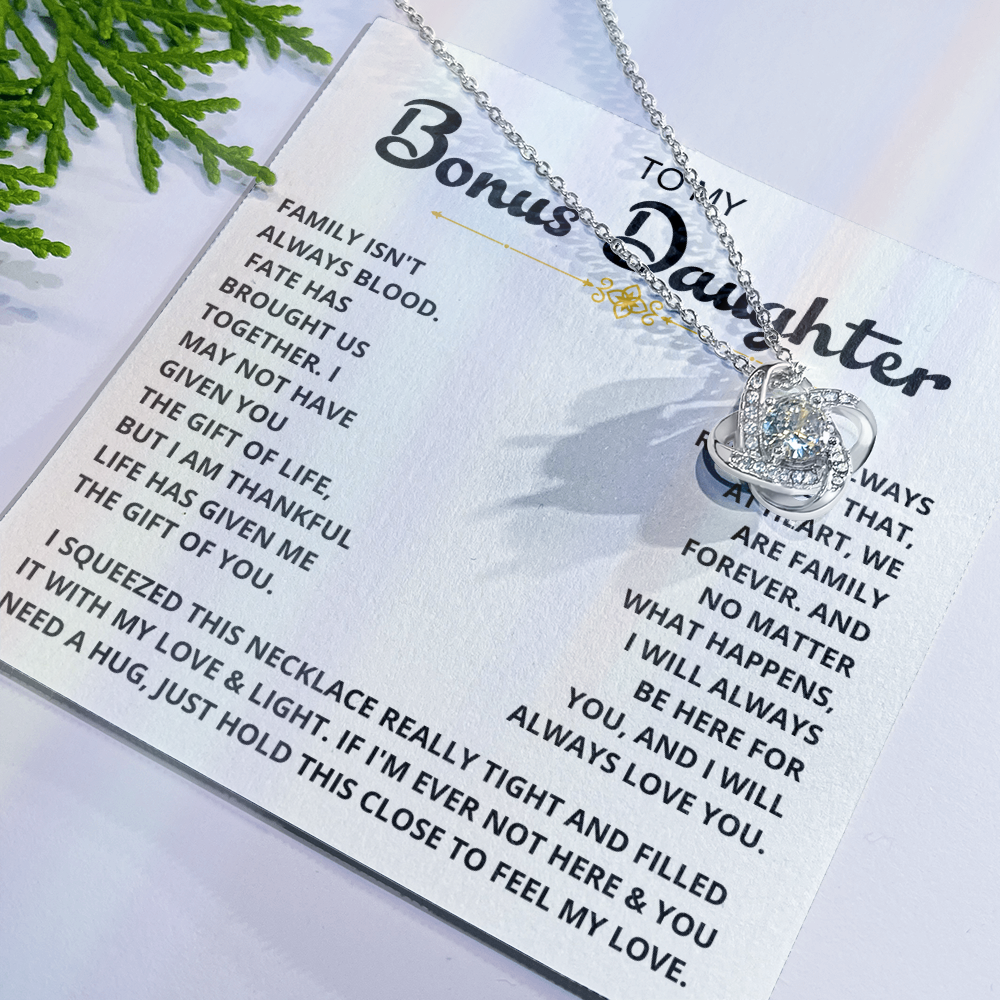 To My Bonus Daughter - "My Family Forever" Love Knot Necklace Gift Set - CFG06