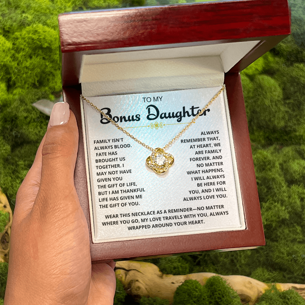 To My Bonus Daughter - "My Family Forever" Love Knot Necklace Gift Set - CFG07