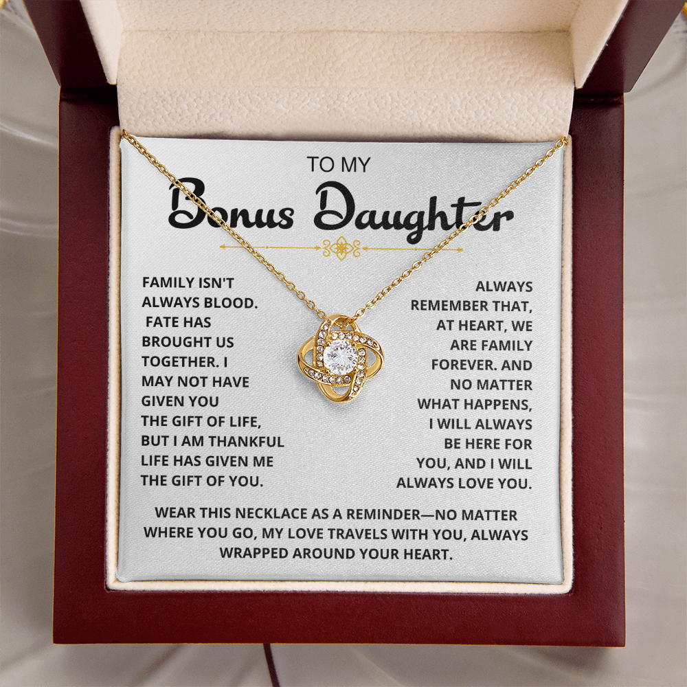 To My Bonus Daughter - "My Family Forever" Love Knot Necklace Gift Set - CFG07