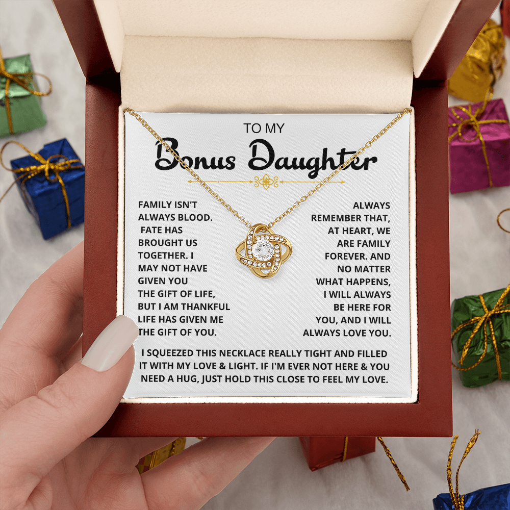 To My Bonus Daughter - "My Family Forever" Love Knot Necklace Gift Set - CFG06