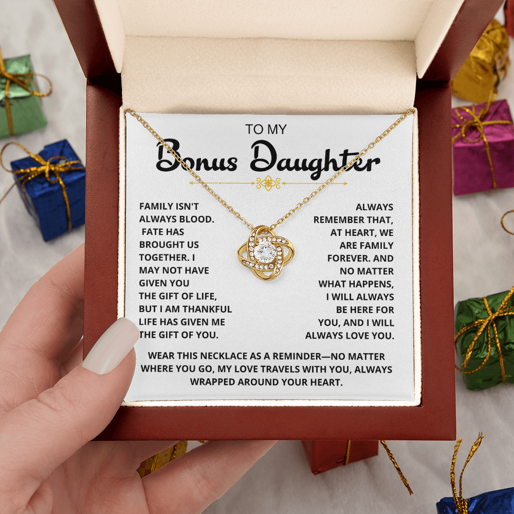 To My Bonus Daughter - "My Family Forever" Love Knot Necklace Gift Set - CFG07