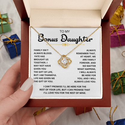 To My Bonus Daughter - "My Family Forever" Love Knot Necklace Gift Set - CFG06
