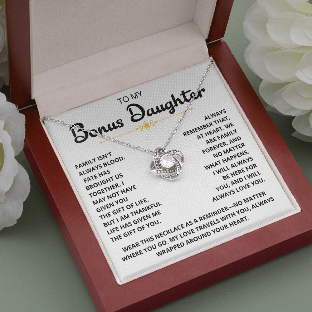 To My Bonus Daughter - "My Family Forever" Love Knot Necklace Gift Set - CFG07