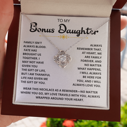 To My Bonus Daughter - "My Family Forever" Love Knot Necklace Gift Set - CFG07