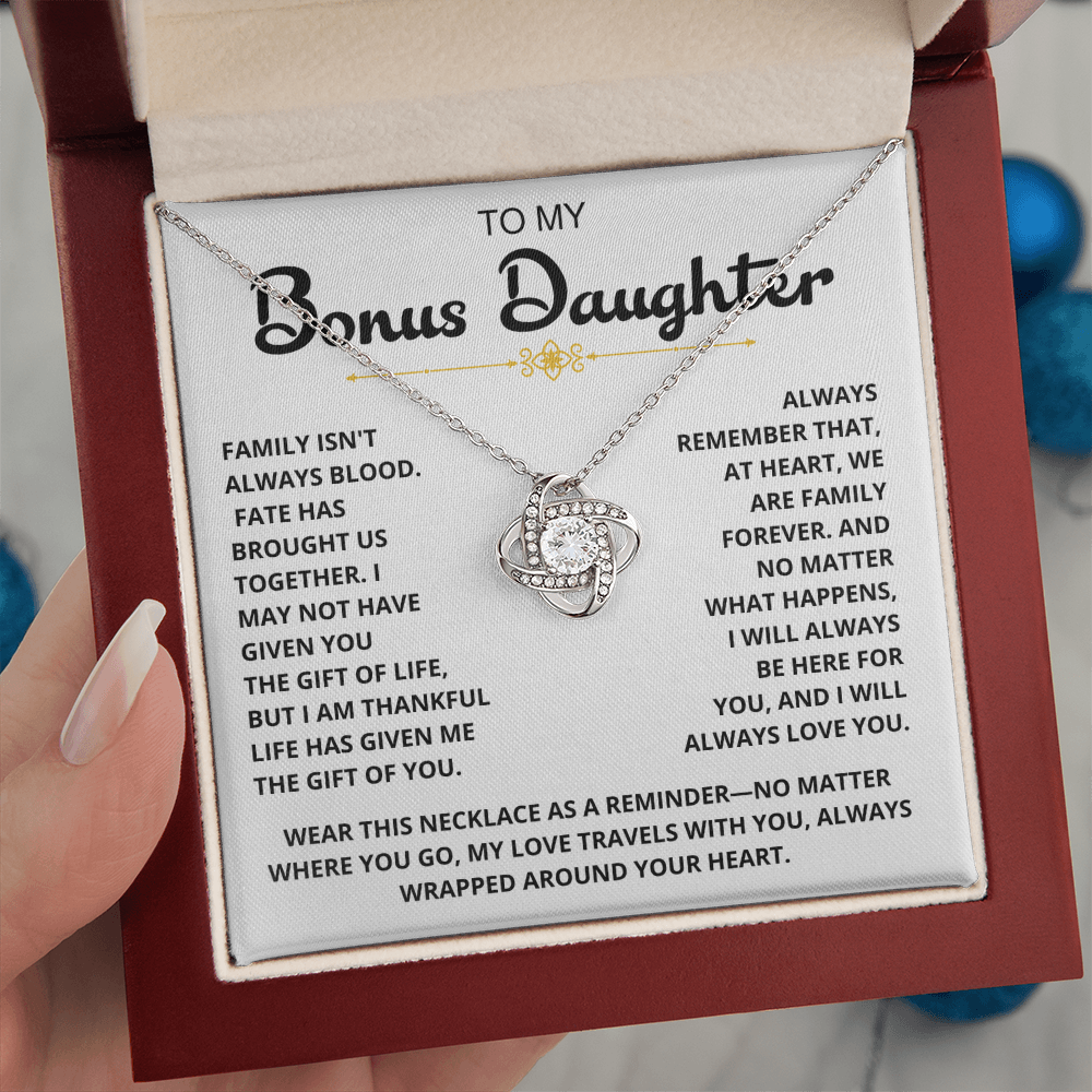 To My Bonus Daughter - "My Family Forever" Love Knot Necklace Gift Set - CFG07