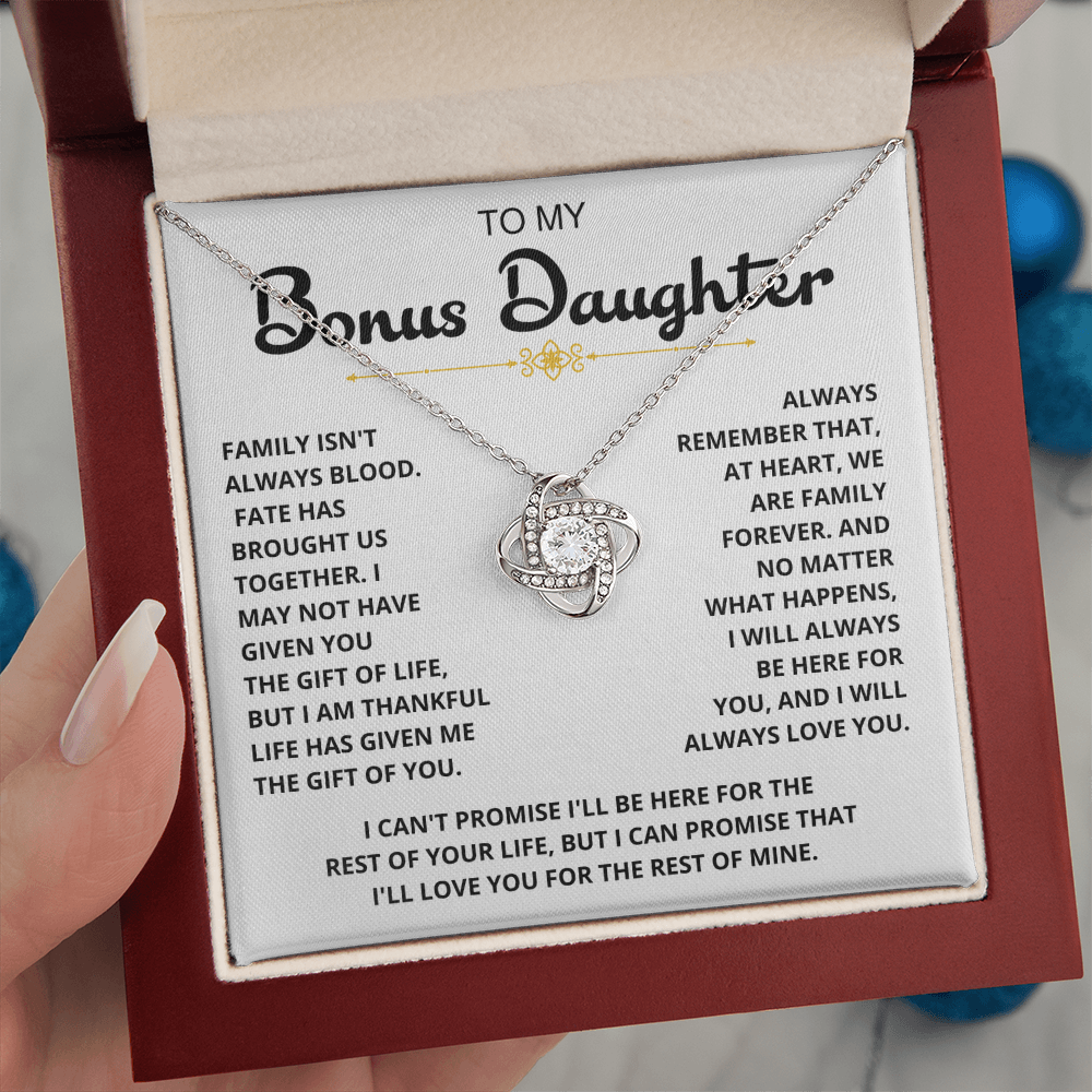 To My Bonus Daughter - "My Family Forever" Love Knot Necklace Gift Set - CFG06