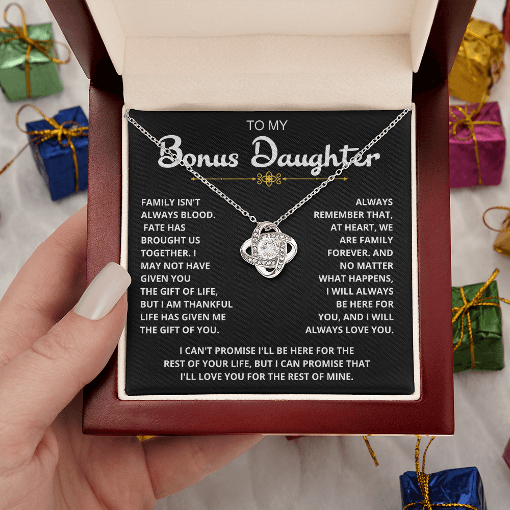 To My Bonus Daughter - "My Family Forever" Love Knot Necklace Gift Set
