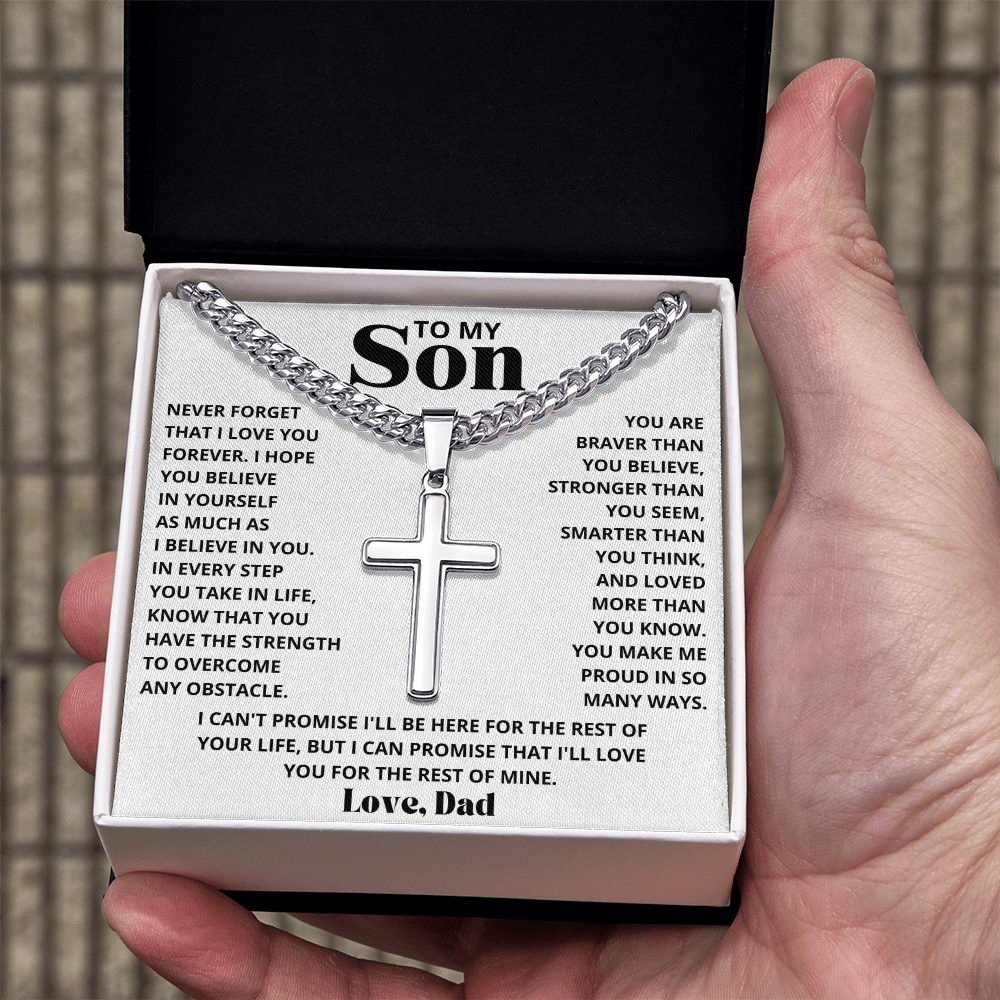 To My Son - Love Dad - Artisan Cross on Cuban Link Chain - Gift Set