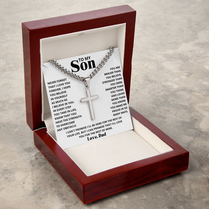 To My Son - Love Dad - Artisan Cross on Cuban Link Chain - Gift Set