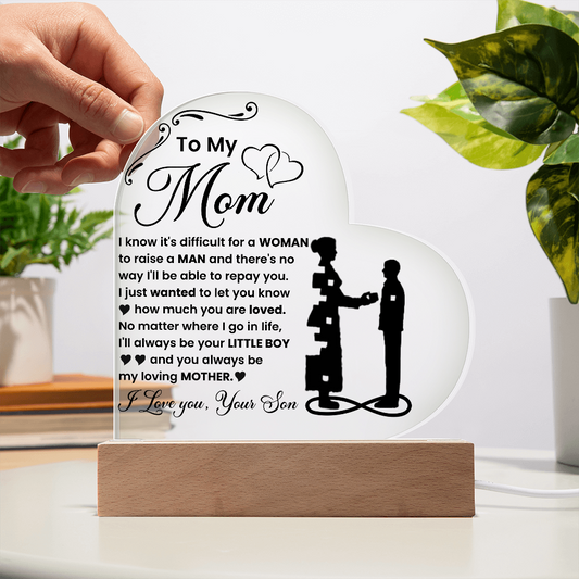 To My Mom - I Love you, Your Son - LED Acrylic Heart Plaque Gift Set