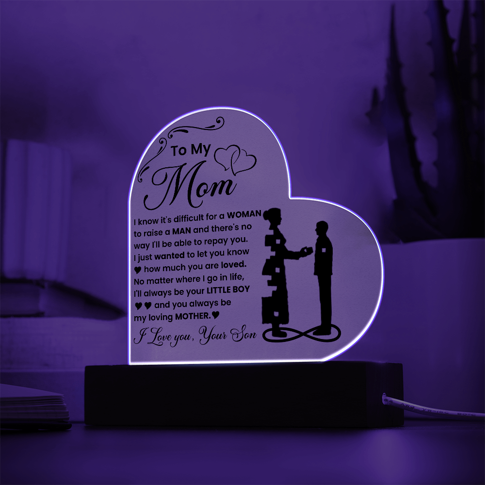 To My Mom - I Love you, Your Son - LED Acrylic Heart Plaque Gift Set