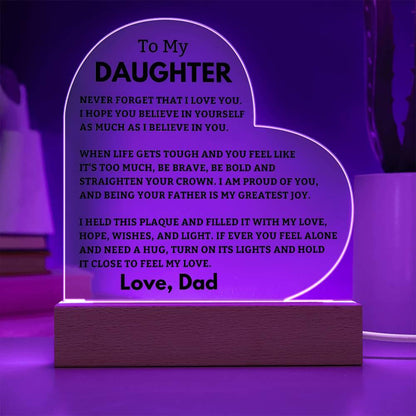 Daughter Gift- LED Heart Acrylic Plaque- From Dad - Charming Family Gift