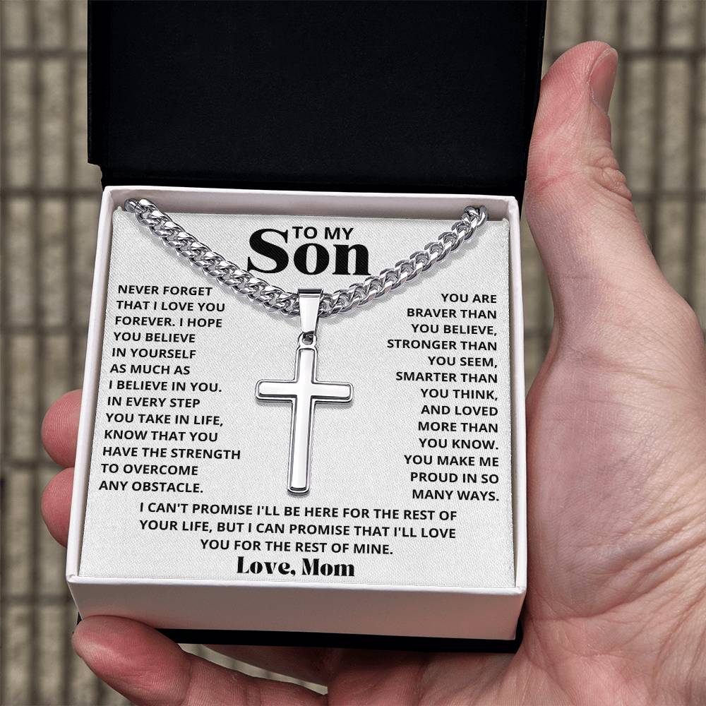 To My Son - Love Mom - Artisan Cross on Cuban Link Chain - Gift Set
