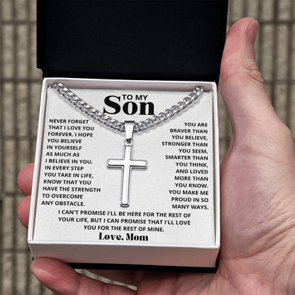 To My Son - Love Mom - Artisan Cross on Cuban Link Chain - Gift Set
