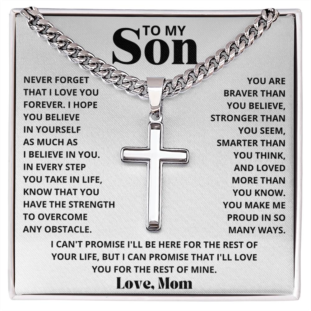 To My Son - Love Mom - Artisan Cross on Cuban Link Chain - Gift Set