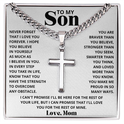 To My Son - Love Mom - Artisan Cross on Cuban Link Chain - Gift Set