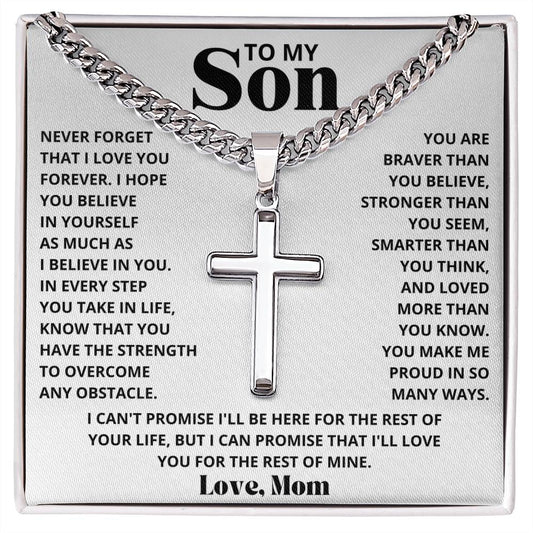 To My Son - Love Mom - Artisan Cross on Cuban Link Chain - Gift Set