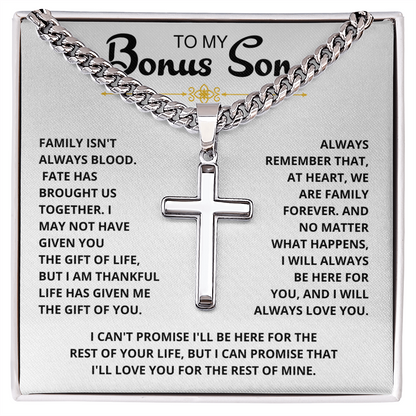 To My Bonus Son - "My Family Forever" Artisan Cross Cuban Link Chain Gift Set – CFG01