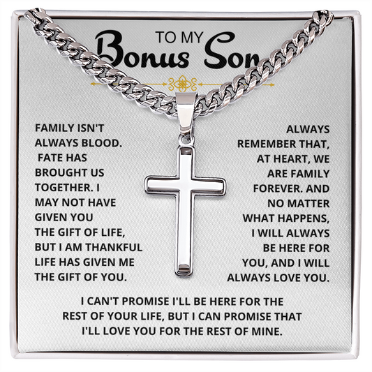 To My Bonus Son - "My Family Forever" Artisan Cross Cuban Link Chain Gift Set – CFG01