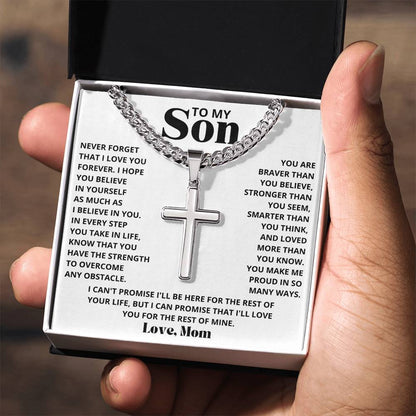 To My Son - Love Mom - Artisan Cross on Cuban Link Chain - Gift Set