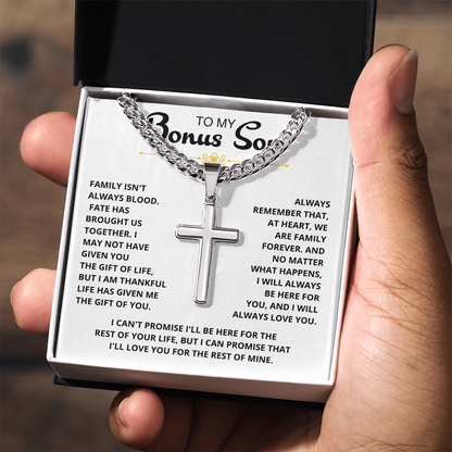 To My Bonus Son - "My Family Forever" Artisan Cross Cuban Link Chain Gift Set – CFG01