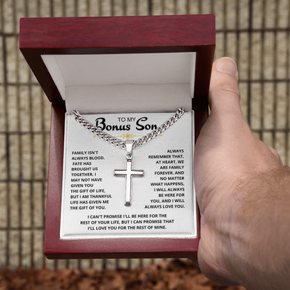 To My Bonus Son - "My Family Forever" Artisan Cross Cuban Link Chain Gift Set – CFG01