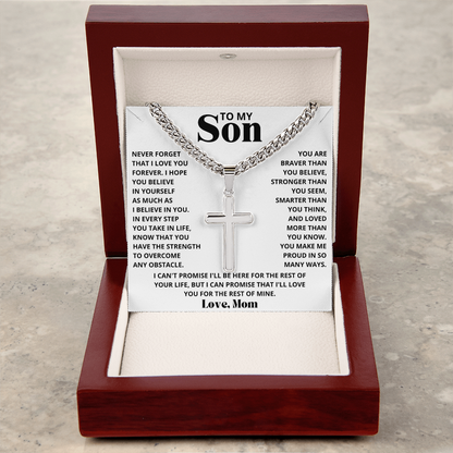 To My Son - Love Mom - Artisan Cross on Cuban Link Chain - Gift Set