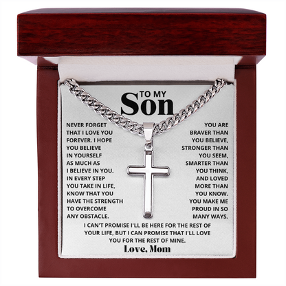 To My Son - Love Mom - Artisan Cross on Cuban Link Chain - Gift Set
