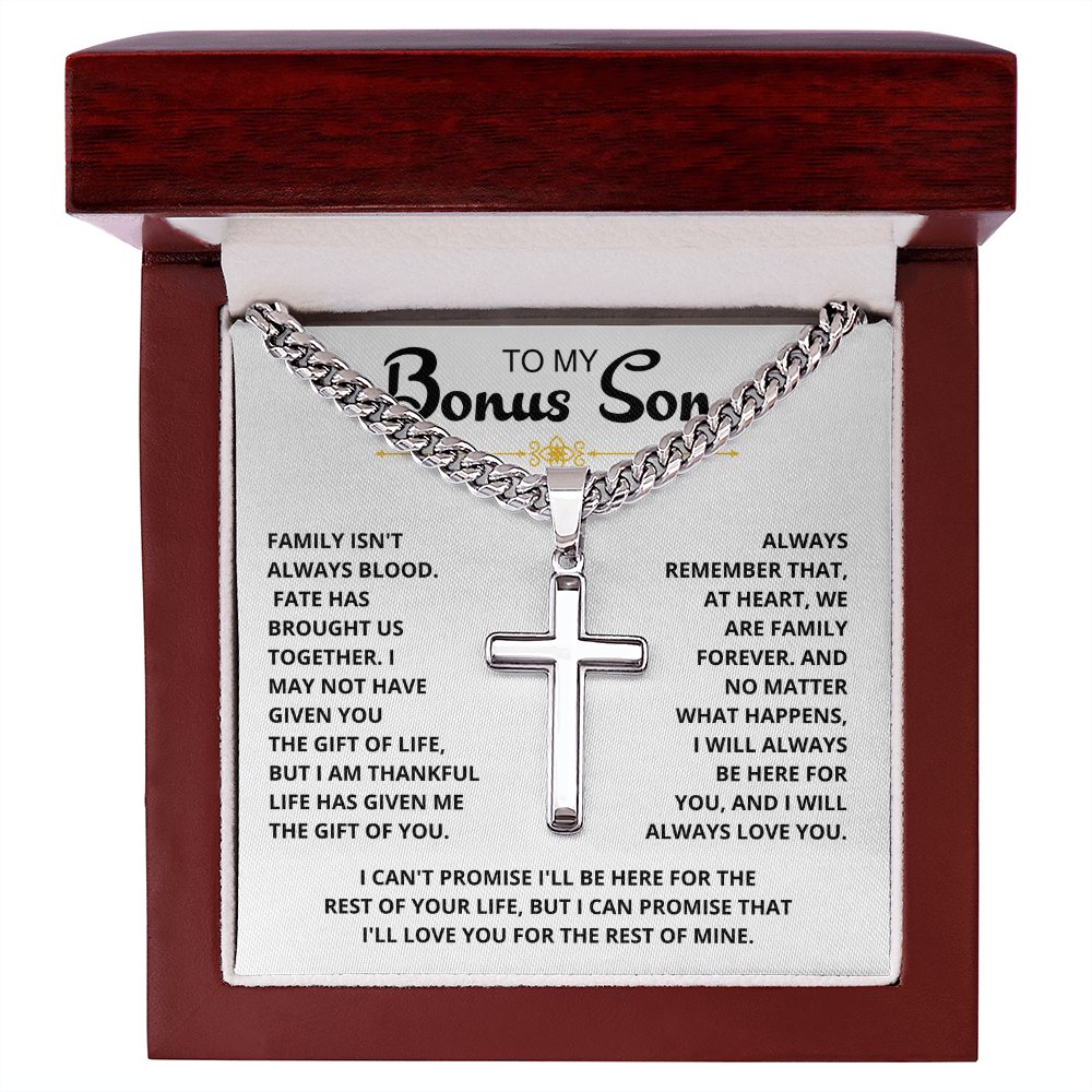 To My Bonus Son - "My Family Forever" Artisan Cross Cuban Link Chain Gift Set – CFG01