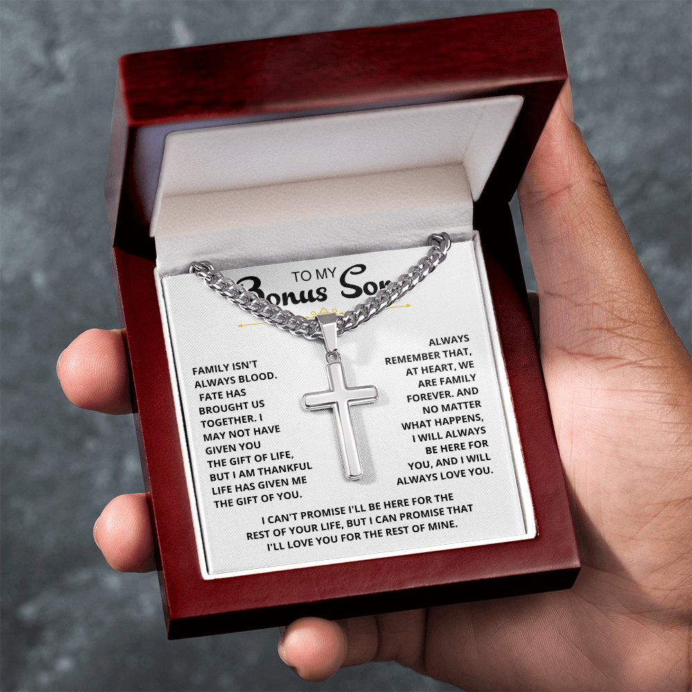 To My Bonus Son - "My Family Forever" Artisan Cross Cuban Link Chain Gift Set – CFG01