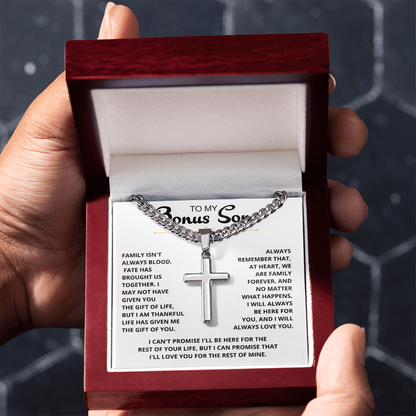 To My Bonus Son - "My Family Forever" Artisan Cross Cuban Link Chain Gift Set – CFG01