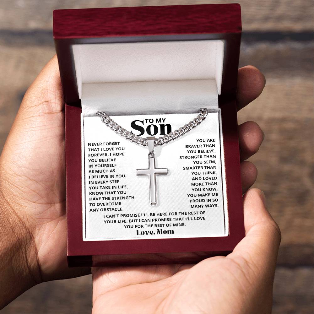 To My Son - Love Mom - Artisan Cross on Cuban Link Chain - Gift Set