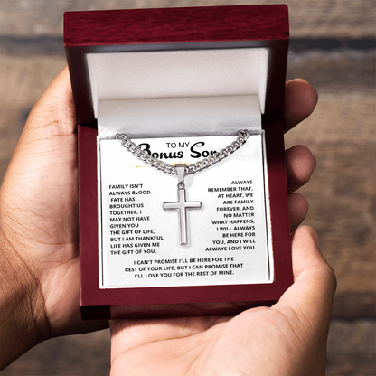 To My Bonus Son - "My Family Forever" Artisan Cross Cuban Link Chain Gift Set – CFG01