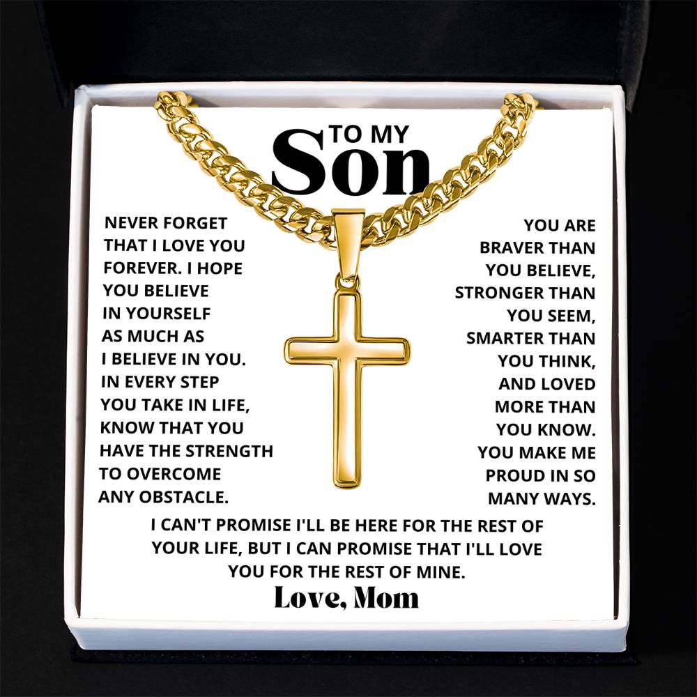 To My Son - Love Mom - Artisan Cross on Cuban Link Chain - Gift Set
