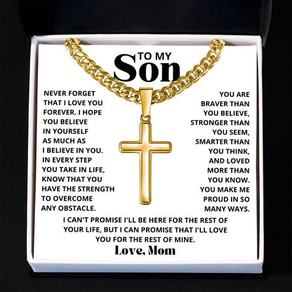 To My Son - Love Mom - Artisan Cross on Cuban Link Chain - Gift Set