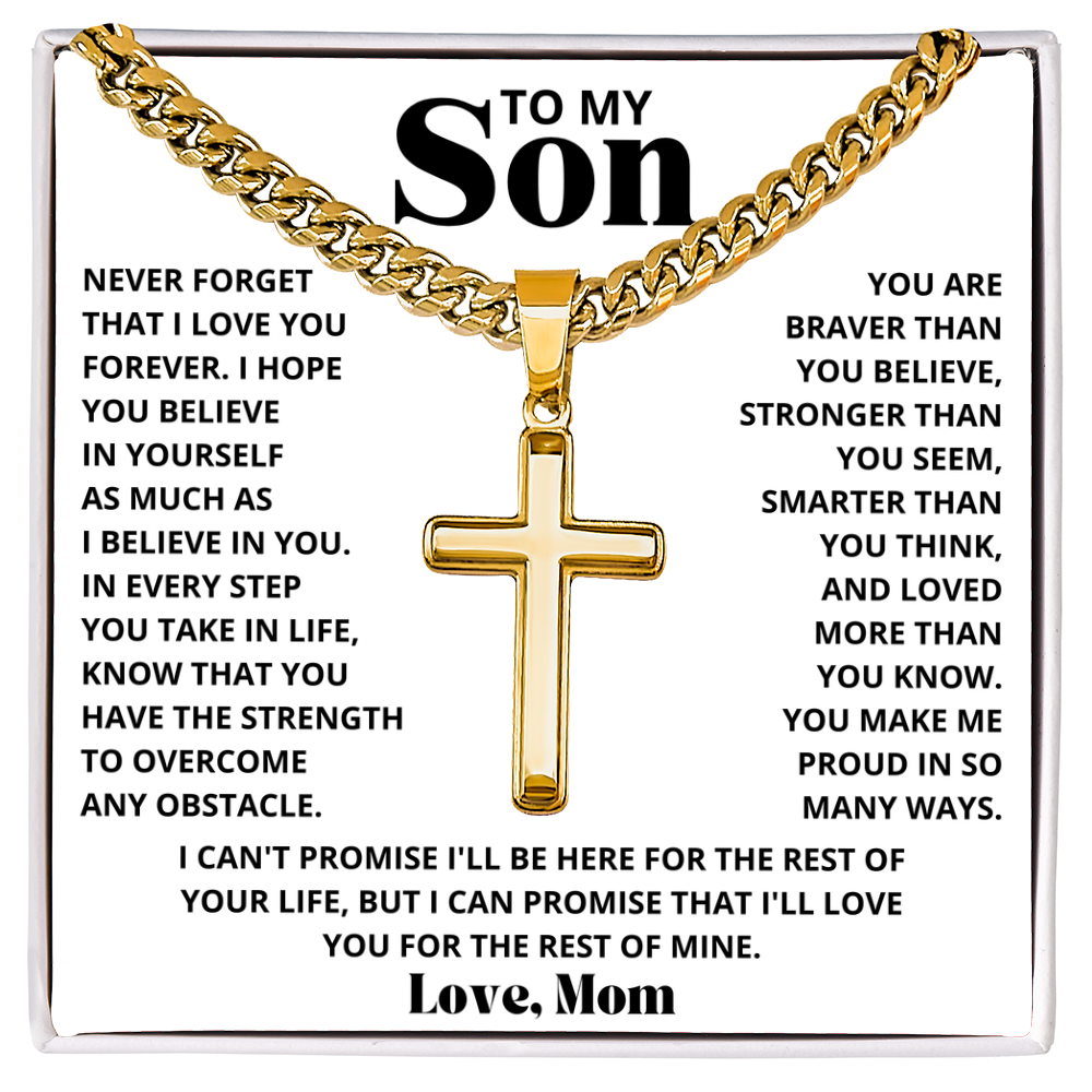 To My Son - Love Mom - Artisan Cross on Cuban Link Chain - Gift Set