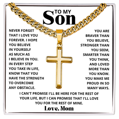 To My Son - Love Mom - Artisan Cross on Cuban Link Chain - Gift Set