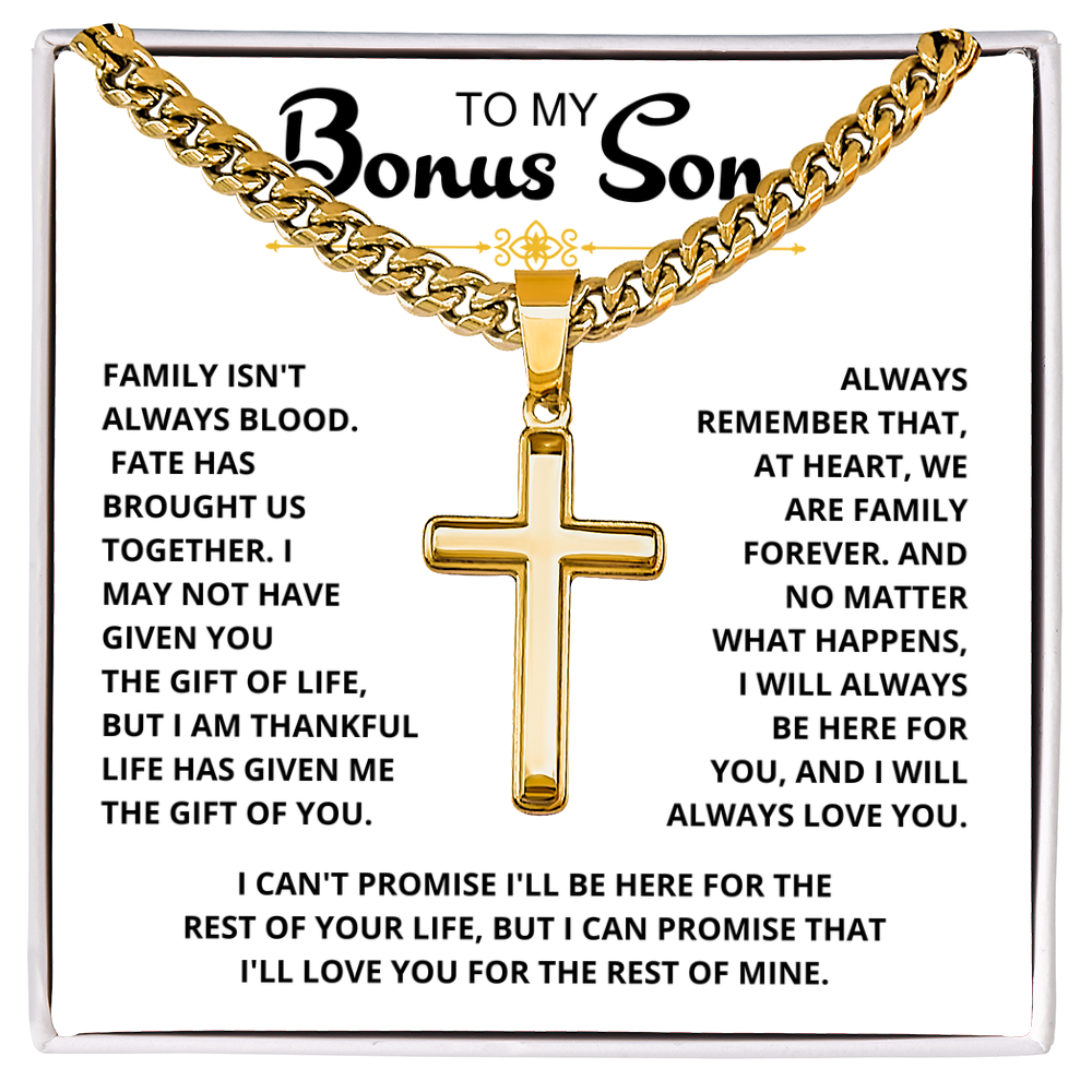 To My Bonus Son - "My Family Forever" Artisan Cross Cuban Link Chain Gift Set – CFG01