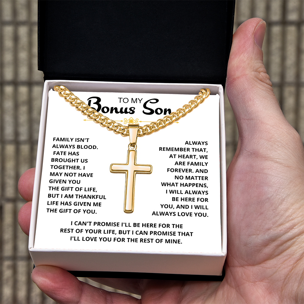 To My Bonus Son - "My Family Forever" Artisan Cross Cuban Link Chain Gift Set – CFG01