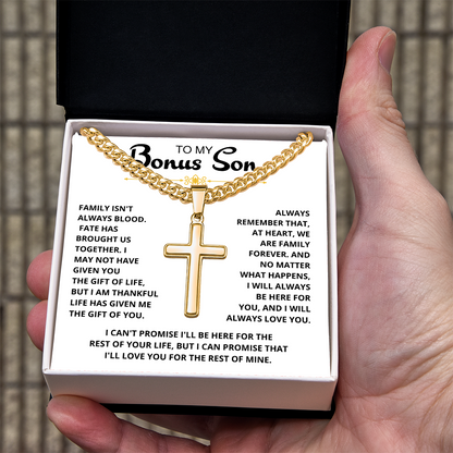 To My Bonus Son - "My Family Forever" Artisan Cross Cuban Link Chain Gift Set – CFG01