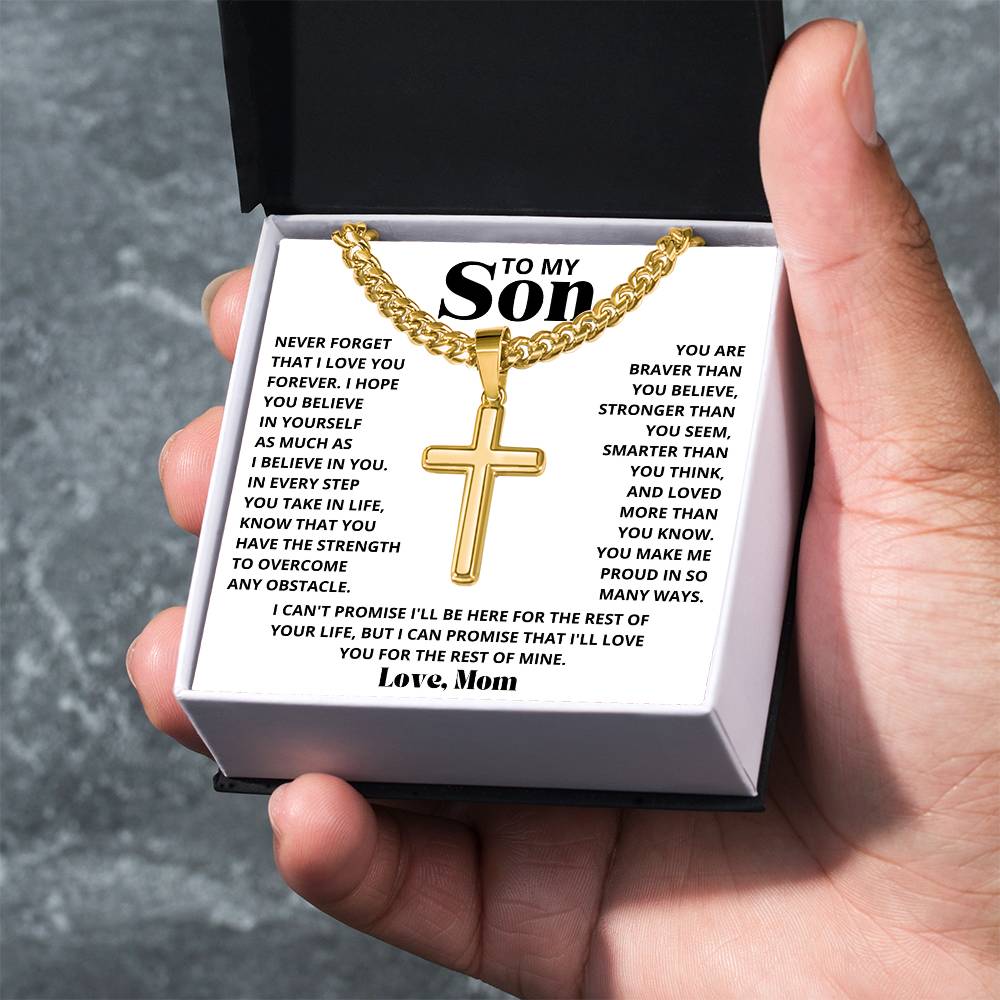 To My Son - Love Mom - Artisan Cross on Cuban Link Chain - Gift Set