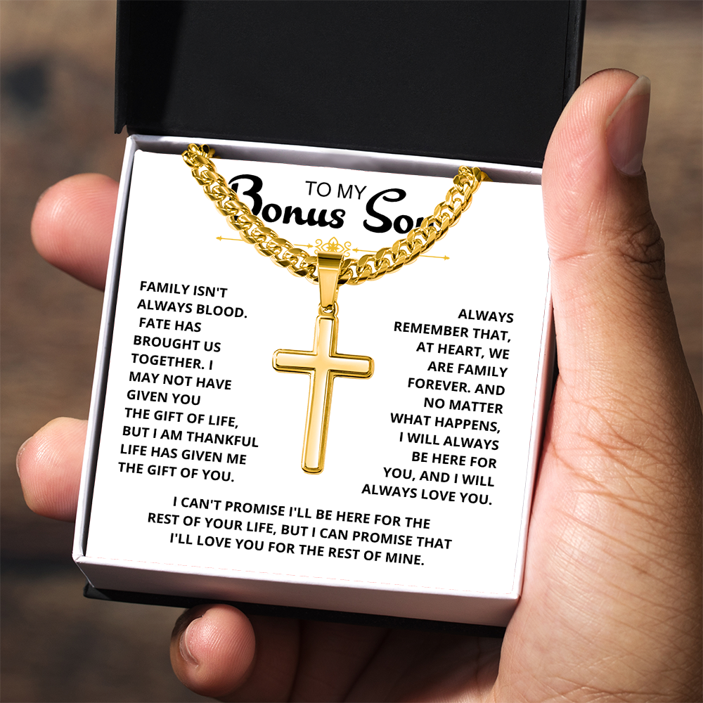 To My Bonus Son - "My Family Forever" Artisan Cross Cuban Link Chain Gift Set – CFG01