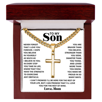 To My Son - Love Mom - Artisan Cross on Cuban Link Chain - Gift Set