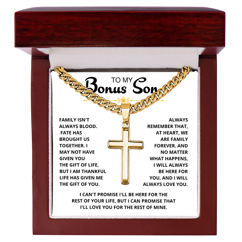 To My Bonus Son - "My Family Forever" Artisan Cross Cuban Link Chain Gift Set – CFG01
