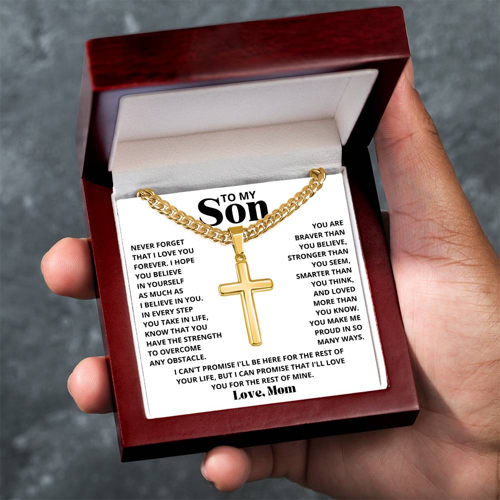 To My Son - Love Mom - Artisan Cross on Cuban Link Chain - Gift Set