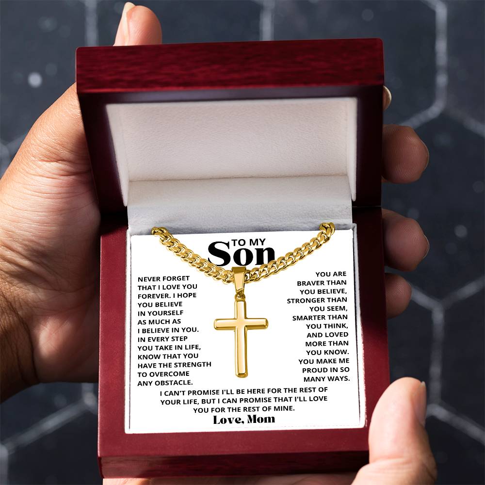 To My Son - Love Mom - Artisan Cross on Cuban Link Chain - Gift Set